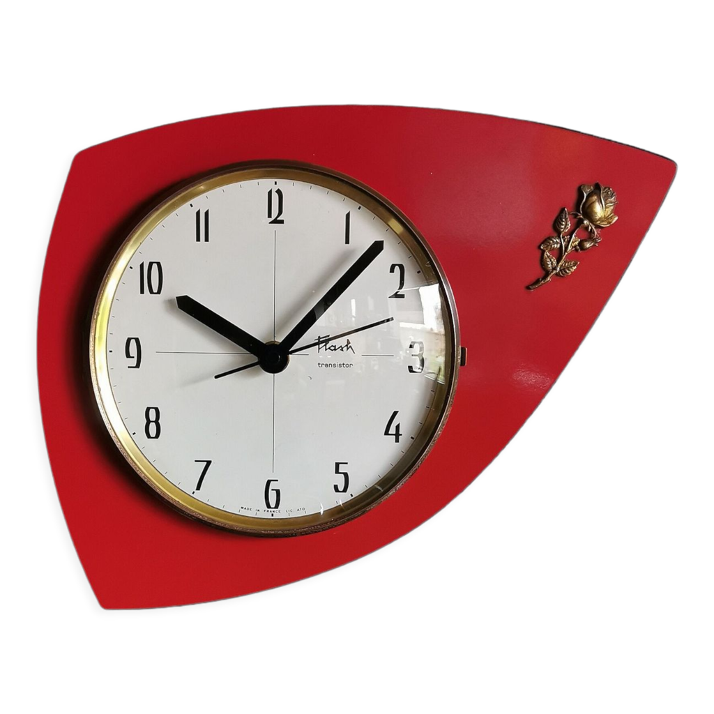 Horloge formica vintage pendule murale silencieuse asymétrique "Flash  transistor rouge fleur" | Selency