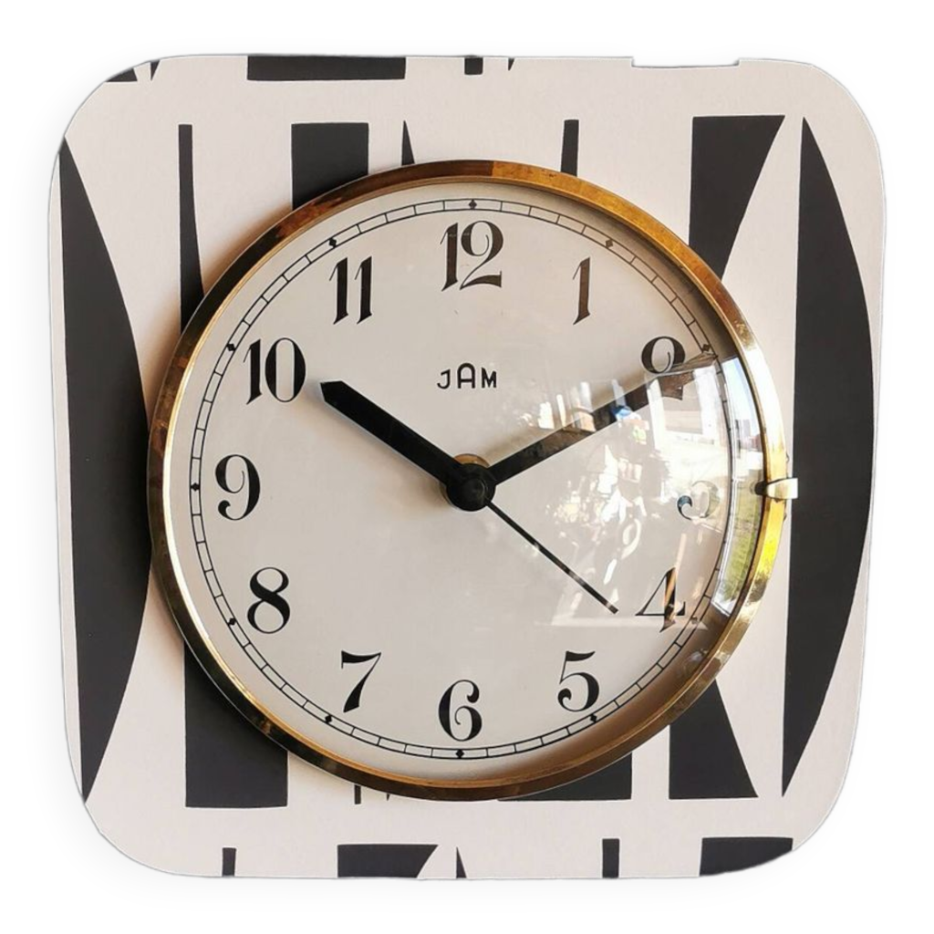 Horloge pendule murale formica vintage silencieuse carrée "Jam noir blanc"  | Selency