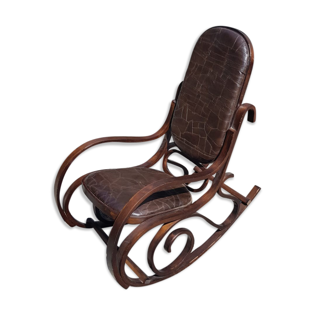 Rocking-chair vintage western bois et cuir marron | Selency