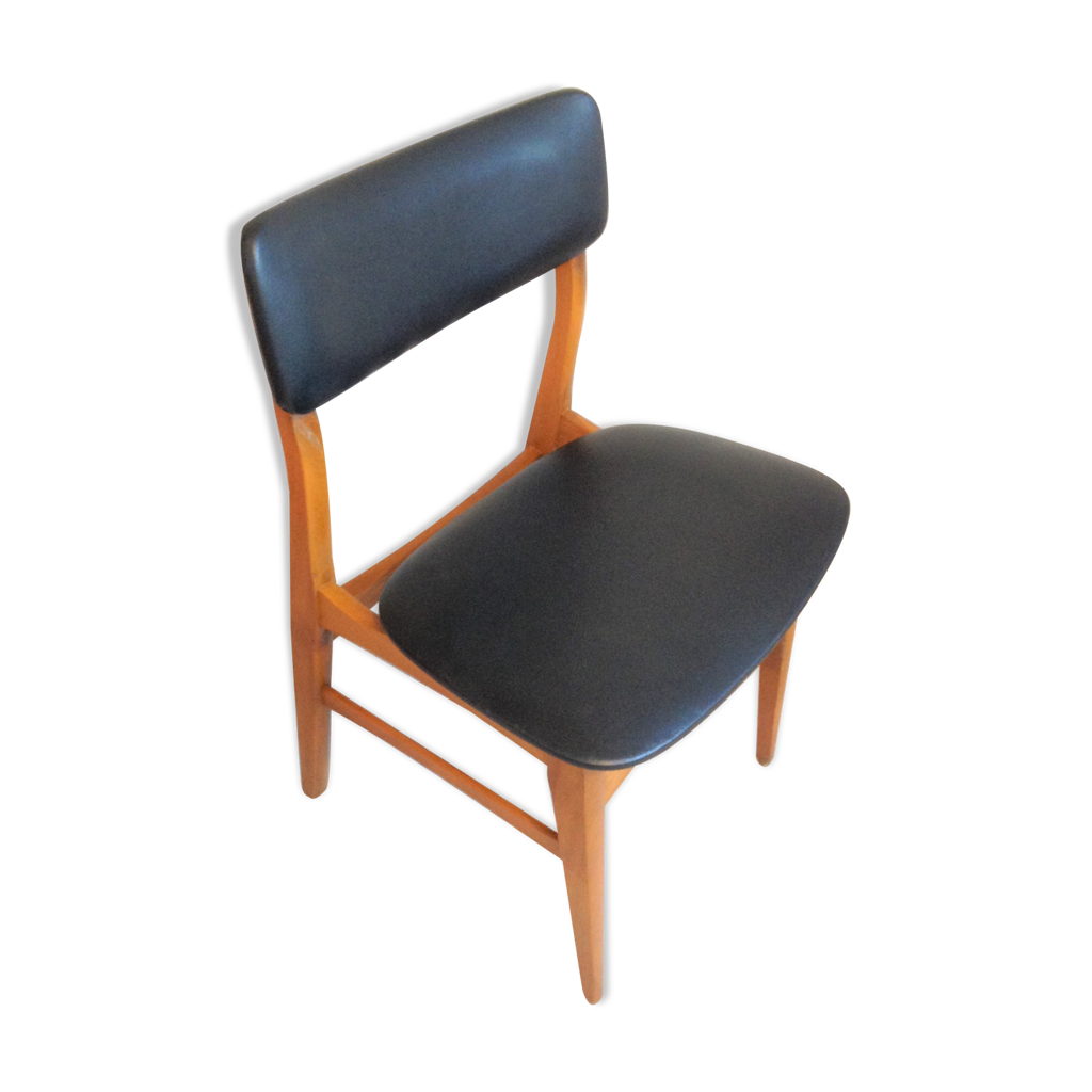 Chaise scandinave en hêtre et simili cuir noir / vintage années 60-70 |  Selency
