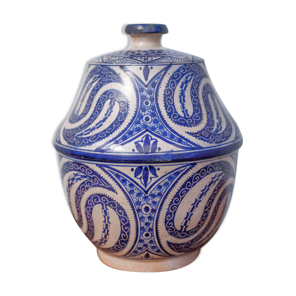 Pot à beurre marocain ancien Jobbana, pot d'apothicaire céramique,  artisanat maroc, poterie bleu | Selency