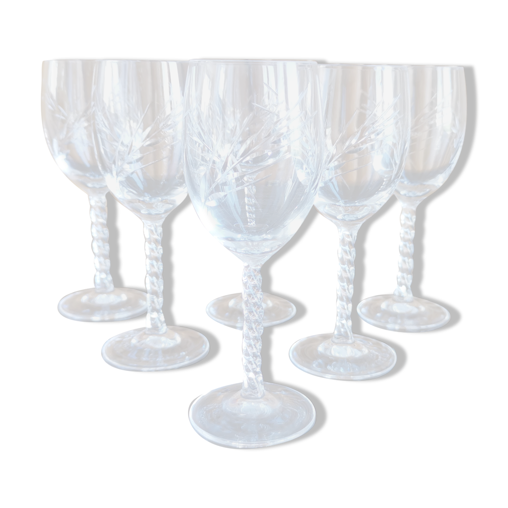 Lot 6 verres à vin blanc/porto cristal taillé pied torsadé epis cristal  d'arques | Selency