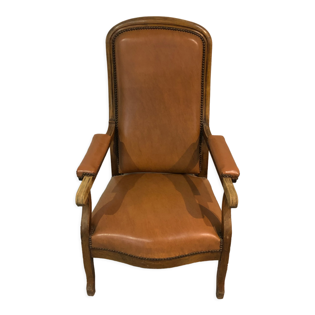 Ancien fauteuil Voltaire en cuir marron clair | Selency