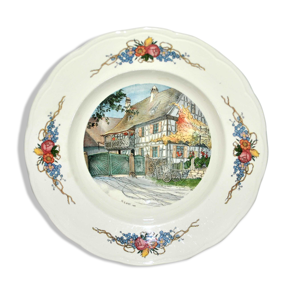 Assiette ancienne obernai de sarreguemines au 4 fleurs - dessin h. loux  maison alsacienne | Selency