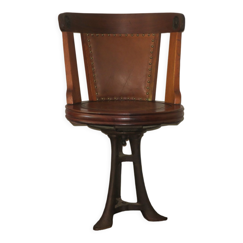 Chaise de bureau rotative nautique antique en teck, fer et cuir | Selency