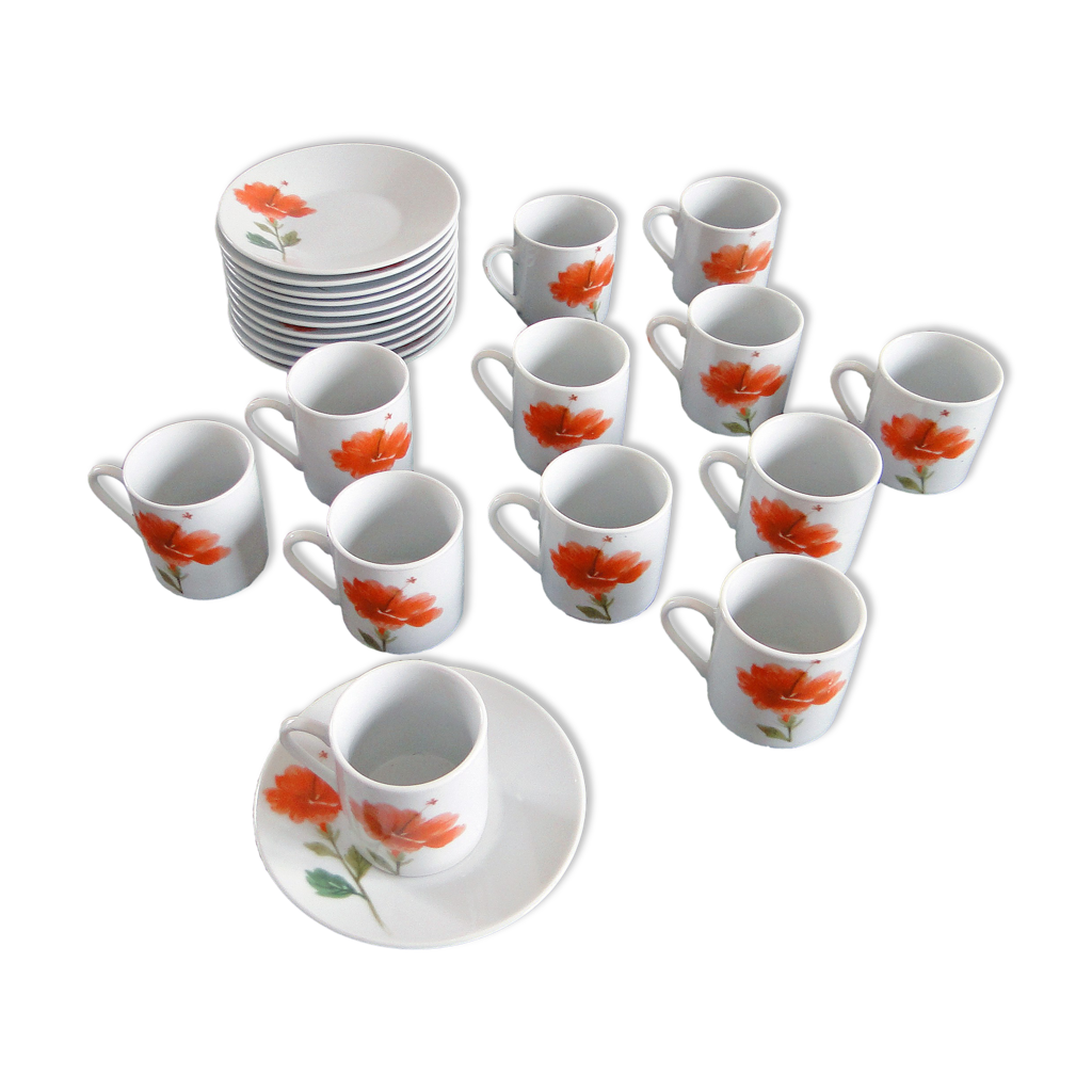 Service à café 12 tasses porcelaine motif coquelicot poteries du Marais  vintage années 70 | Selency