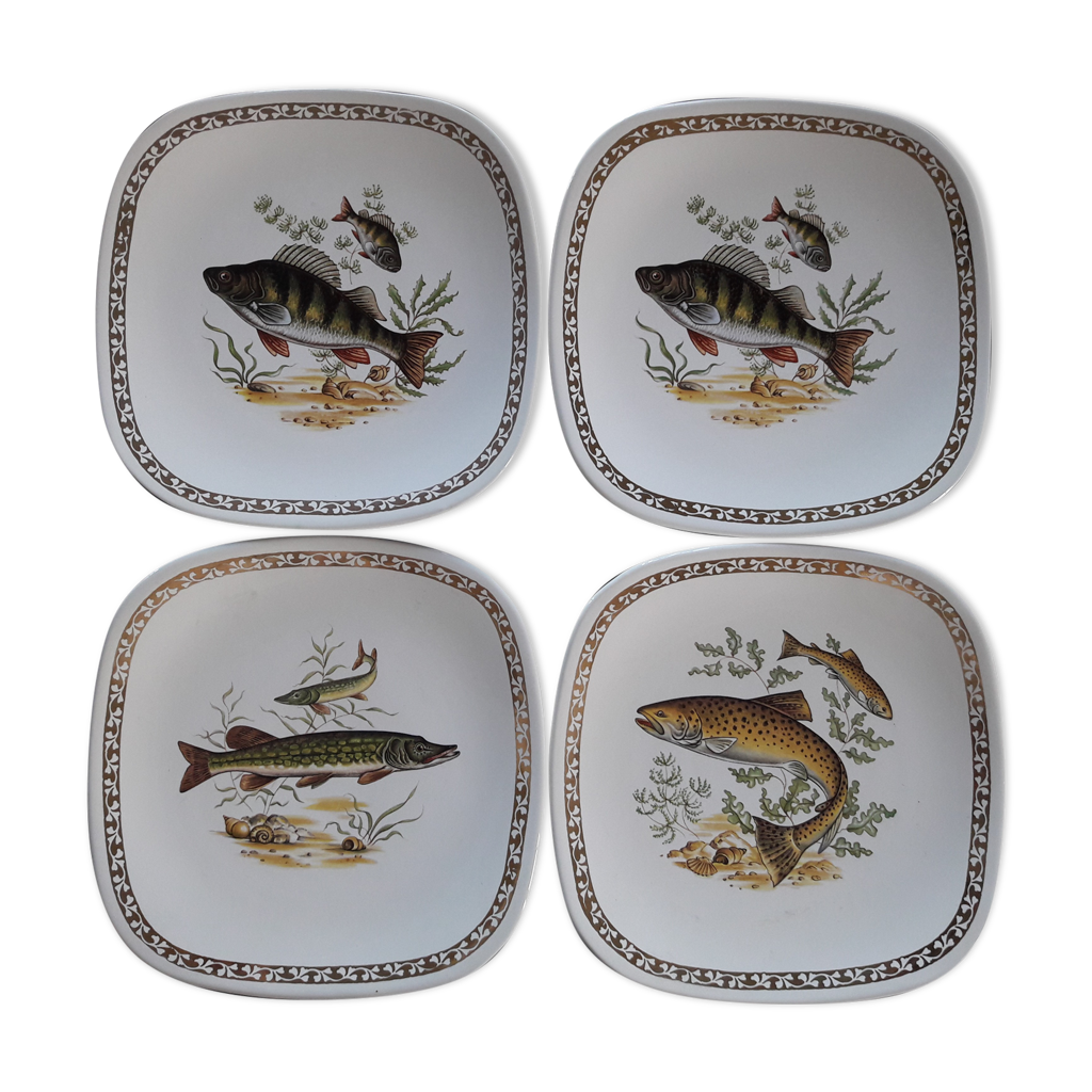 Lot 6 assiettes carrée Longchamp poissons de rivière arrondi bordure dorée  brochet carpe perche | Selency