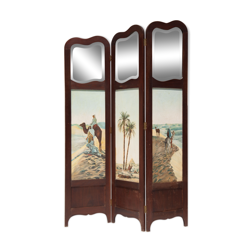 Paravent vintage 3 panneaux en bois avec miroir biseauté et peinture 1930 |  Selency