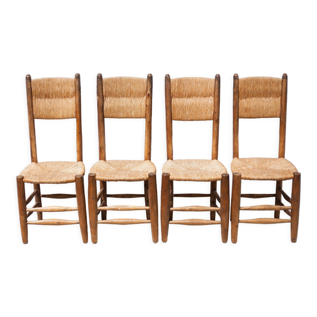 Chaise bois et paille x 4 , chaise avec assise et dossier paille, chalet,  campagne, déco | Selency