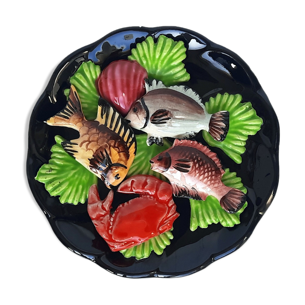 Assiette plat mural céramique de Vallauris poisson crabe, coquillage |  Selency