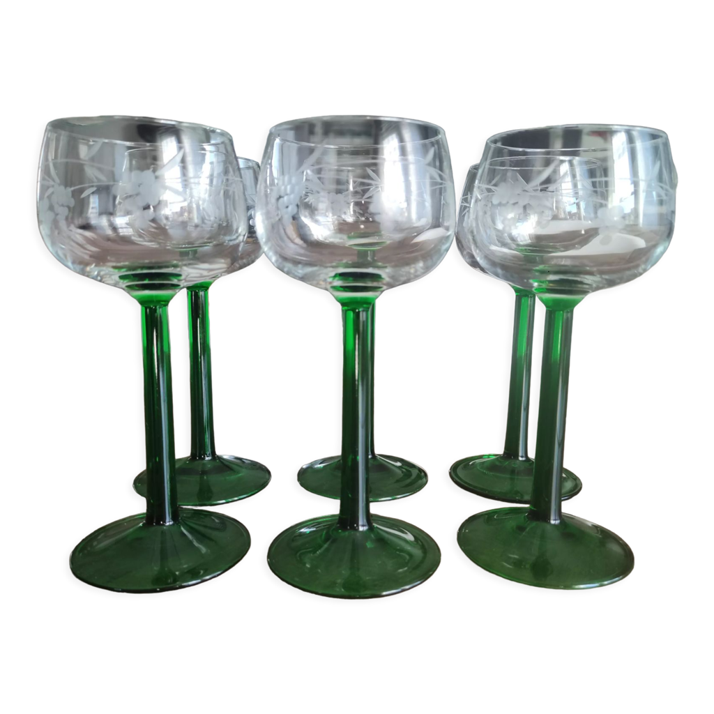 Lot de 6 verres à vin alsacien pied haut vert buvant transparent filigrané  grappe de raisin | Selency