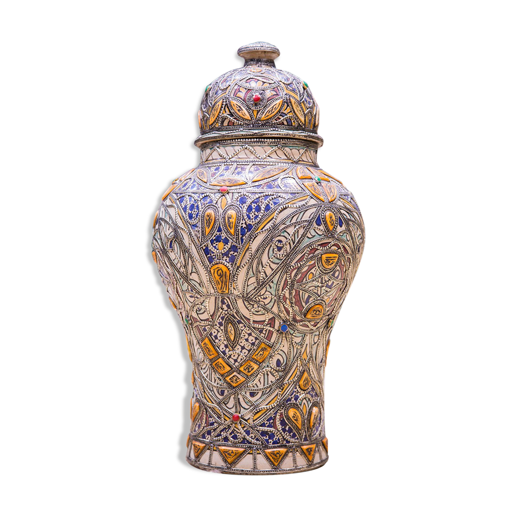 Vase marocain de poterie de cru céramique douleur à la main avec le métal  et l'os | Selency