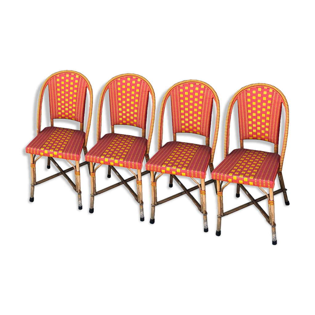 Ensemble de 4 chaises de " bistrot" en rotin naturel, signées Grock/ligne  Vauzelle | Selency