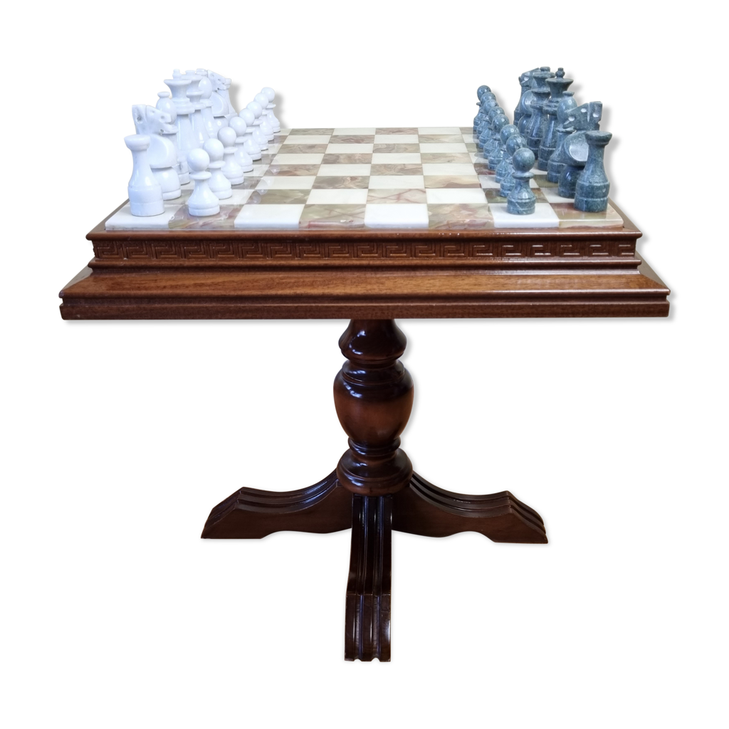 Table et jeu d'échecs en onyx et marbre blanc | Selency