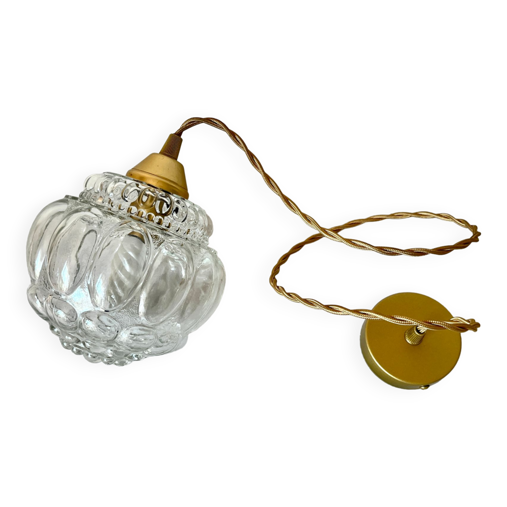 Suspension vintage verre boule arabesque 1970 opaline transparente fil doré  plafonnier | Selency