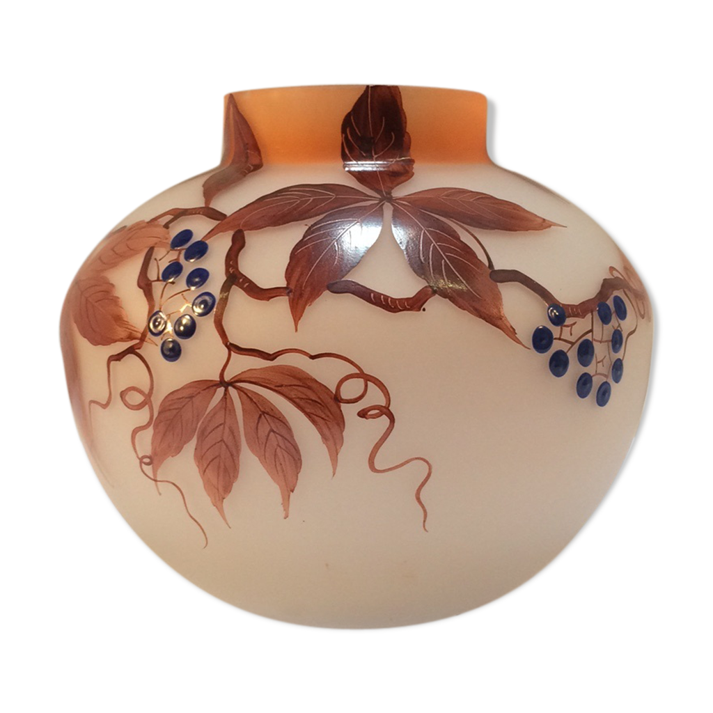 Vase art déco - 1930 - en verre émaillé aux décors de feuilles et de fruits  signé fanus | Selency
