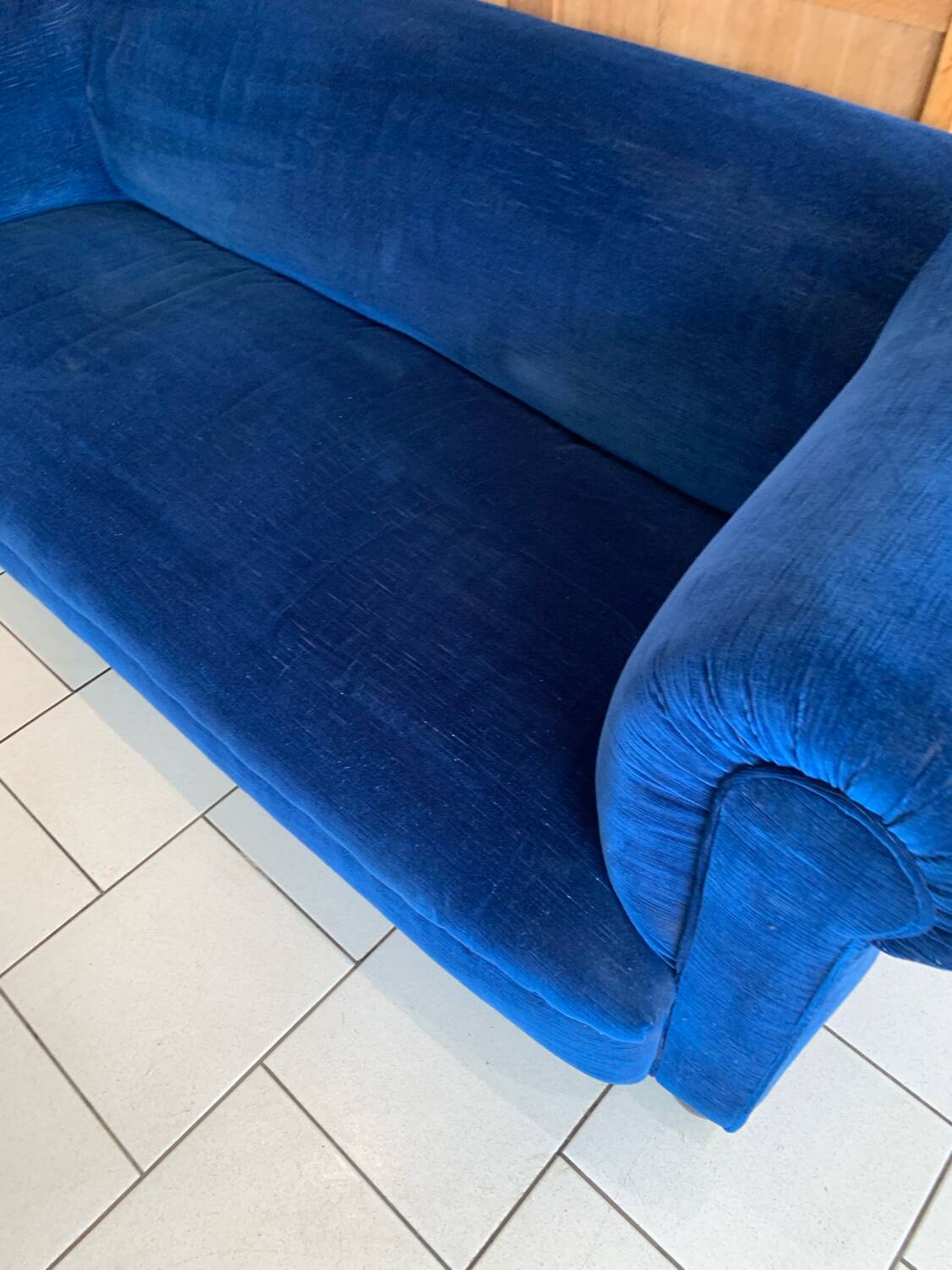 English Velvet Sofa, Blue, Circa 1950s Vintage
