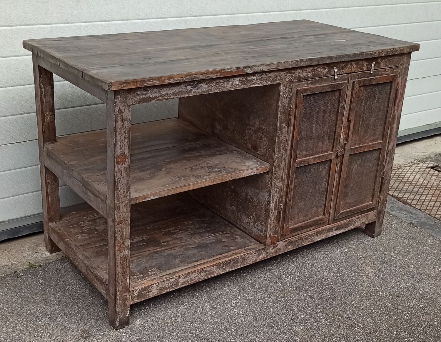 Antique wooden and metal accent furniture with mesh doors