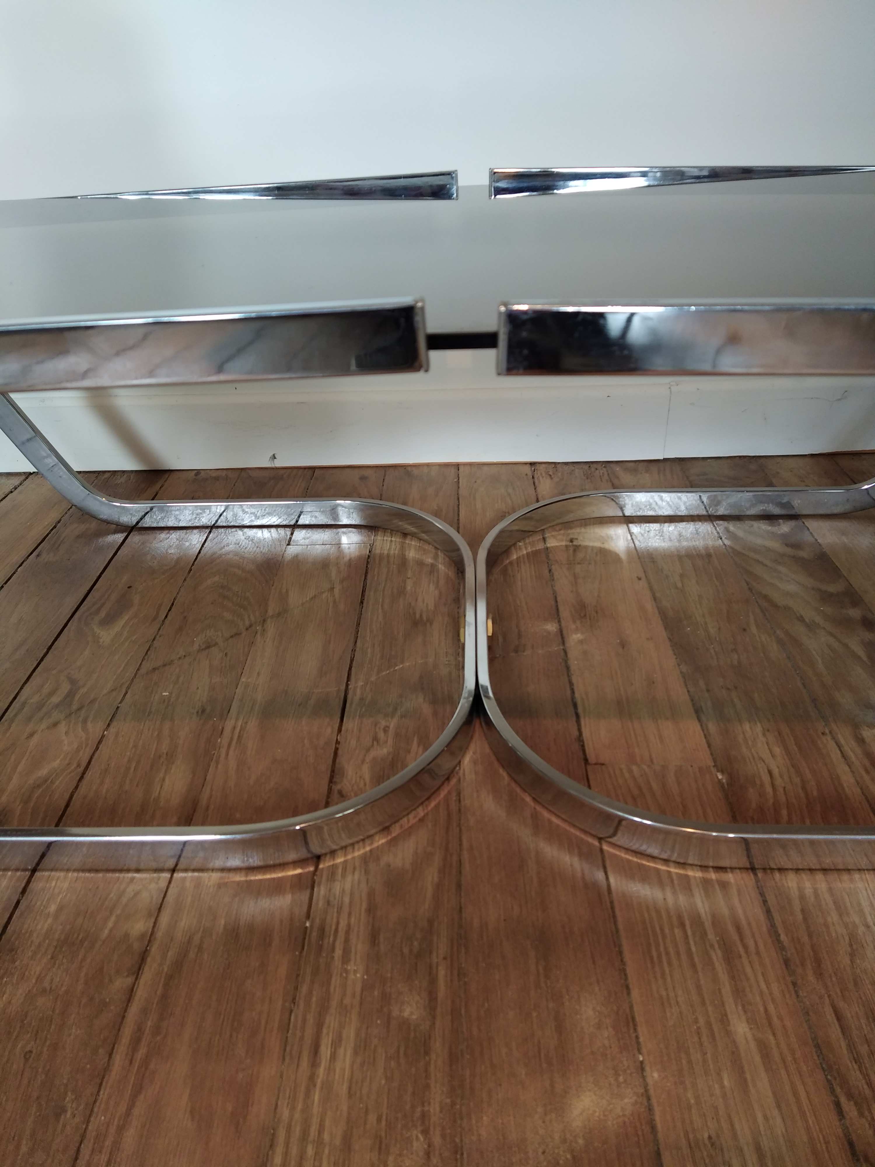Stainless coffee table and smoked glass 1973