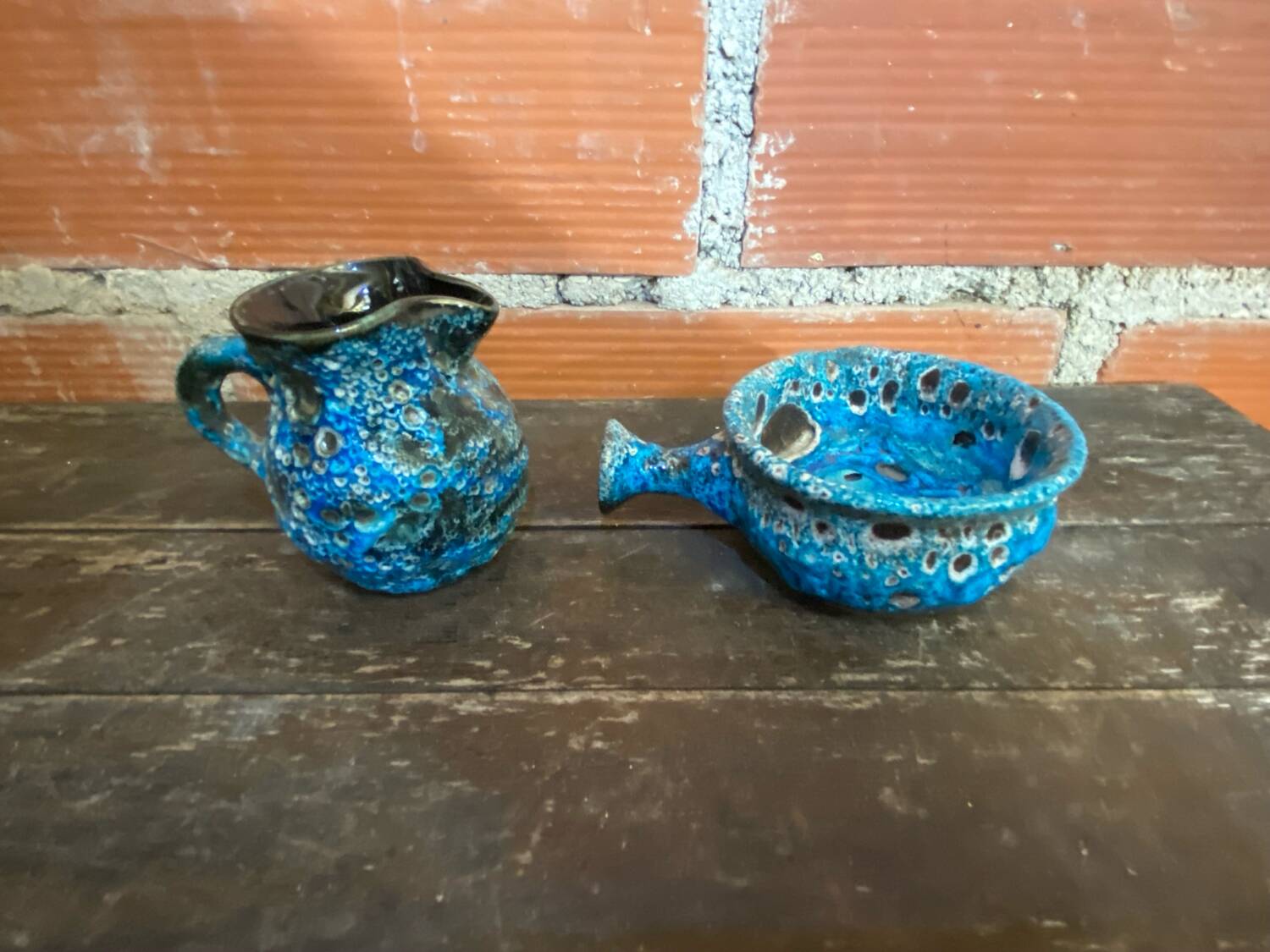 Pichet + Pan Charles CART Cyclope Ceramic Blue France Vintage #D5