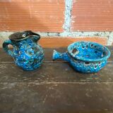 Pichet + Pan Charles CART Cyclope Ceramic Blue France Vintage #D5