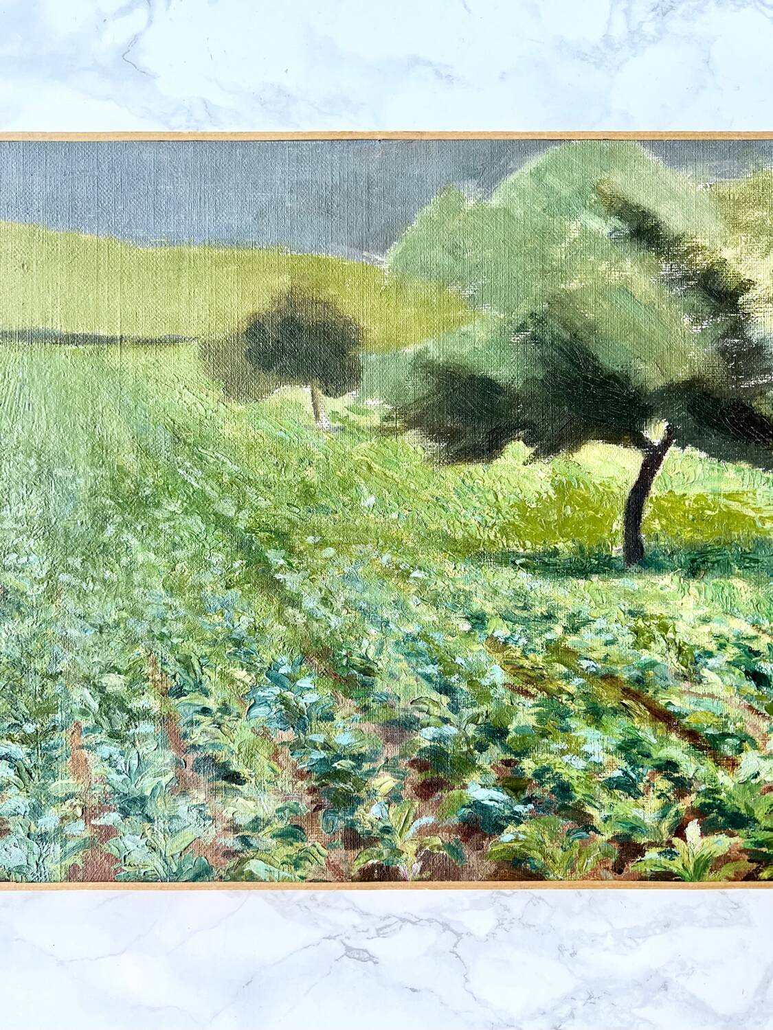 Oil on canvas countryside landscape under a stormy sky