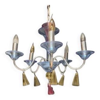 Chandelier in metal and colored glass