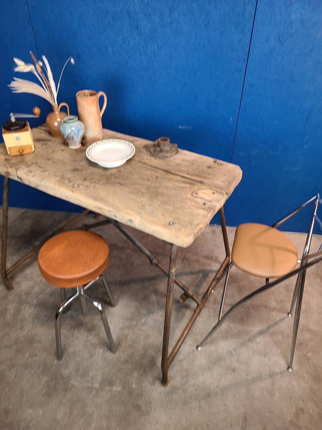 Vintage workbench circa 1930, folding metal leg.