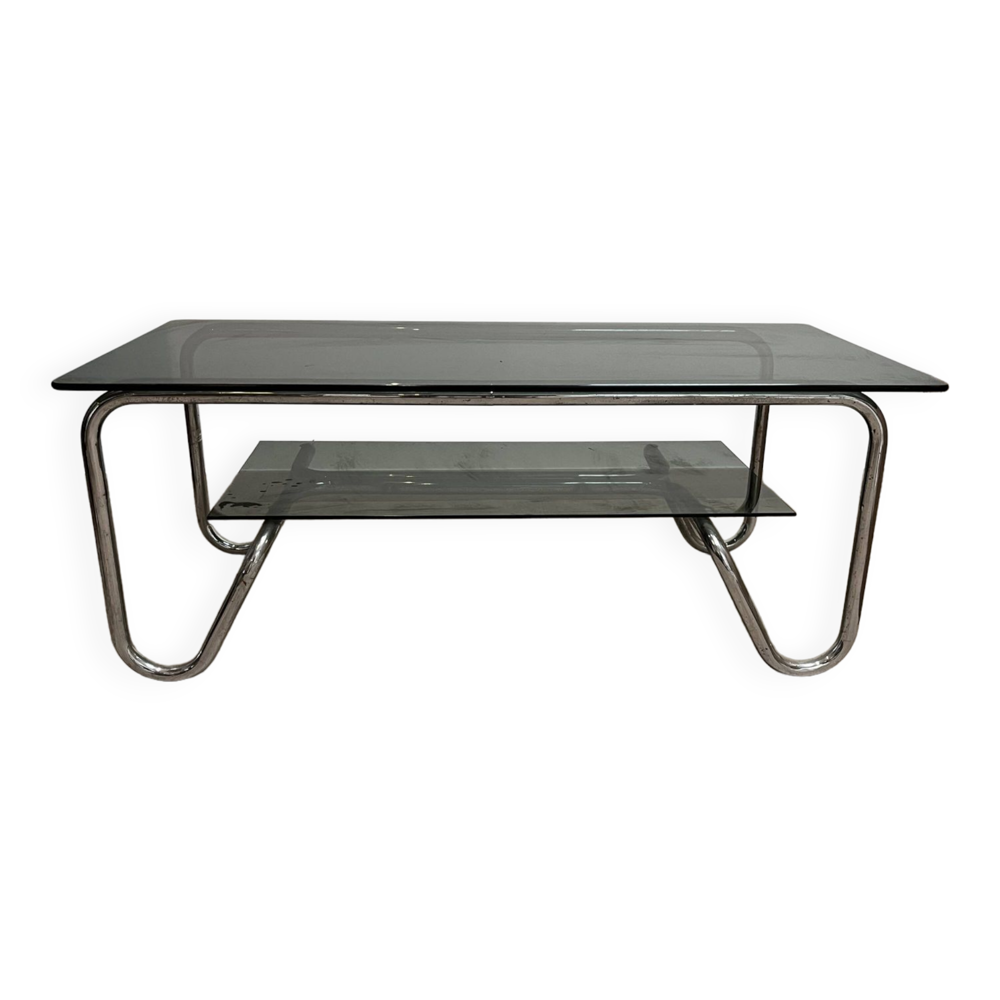 Coffee table in chrome metal and smoked glass design from the 70s