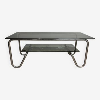 Table basse en metal chrome et verre fume design annees 70