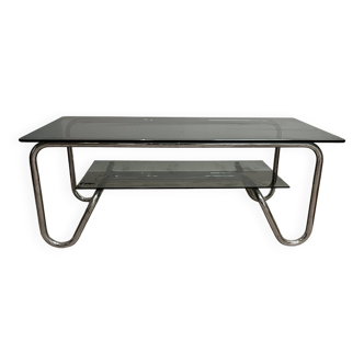 Coffee table in chrome metal and smoked glass design from the 70s
