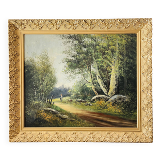 Old painting signed Baldy – Forest landscape – Barbizon School late 19th century