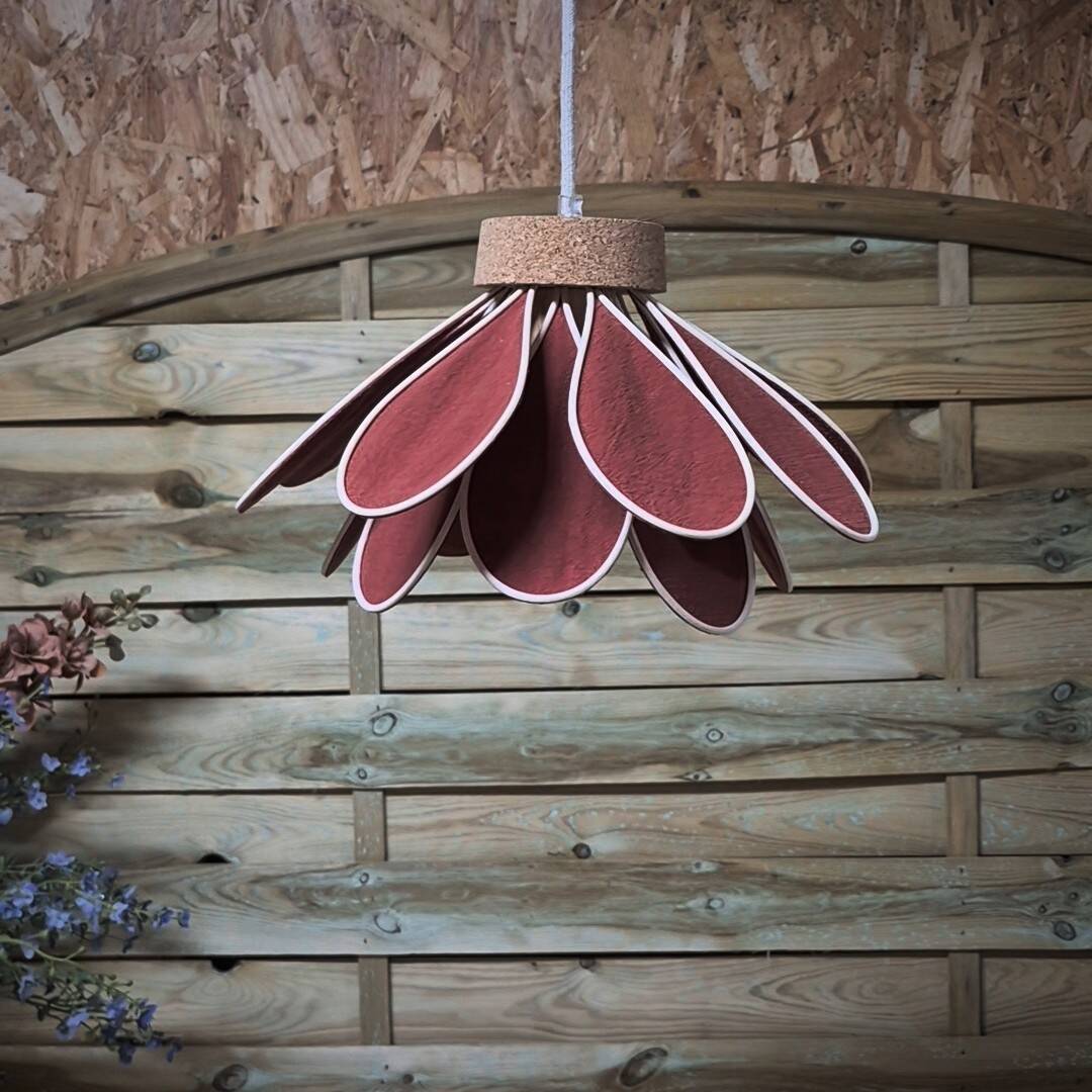 Iris flower pendant, 16 petals in terracotta rattan and linen.