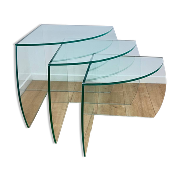 Camif set of three nesting tables in translucent glass, 1980