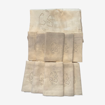 Set tablecloth and 12 towels damask fabrics linen / silk