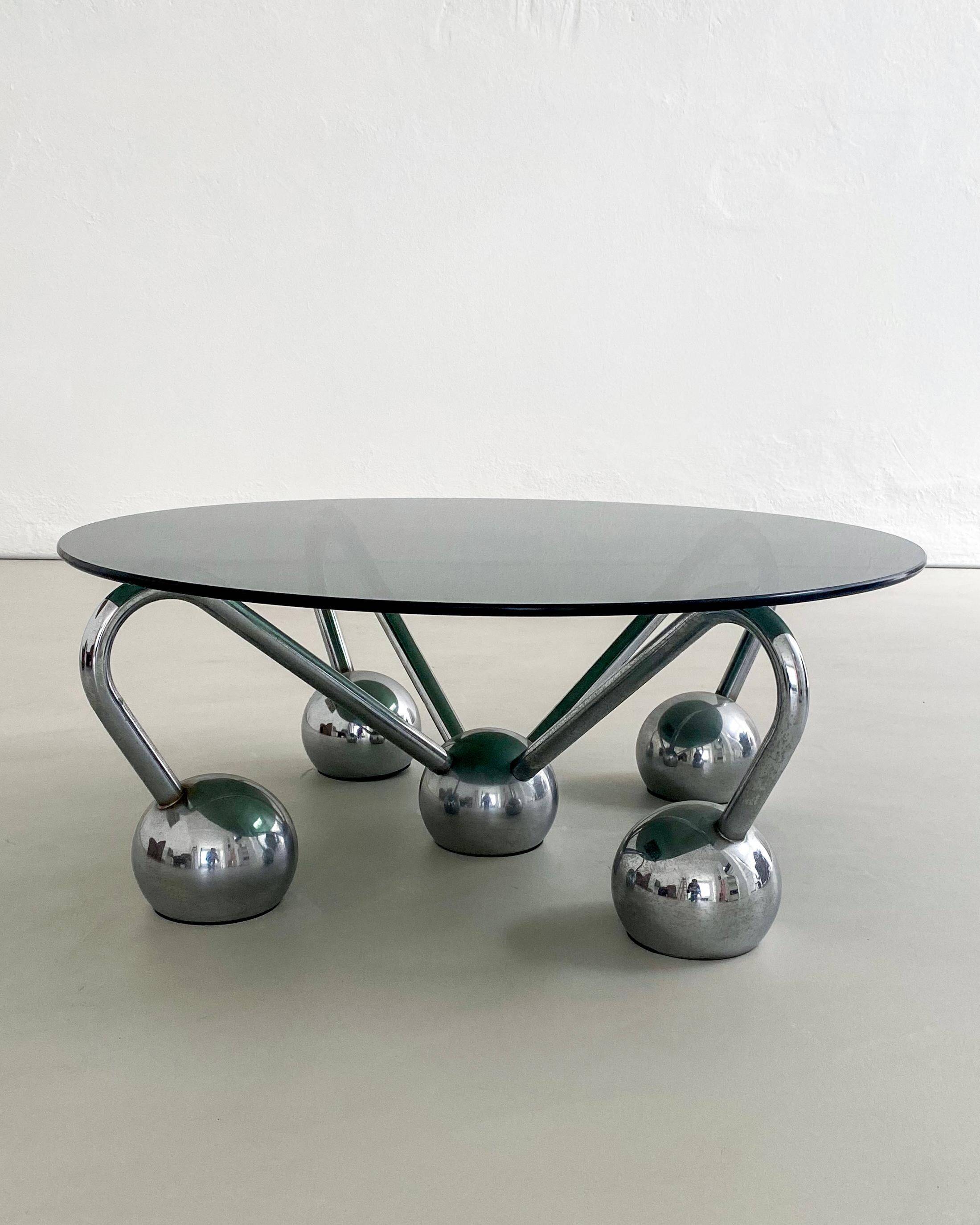 Sputnik Coffee Table in Chromed Metal and Smoked Glass