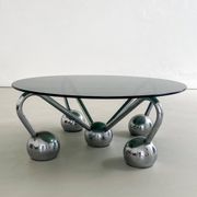 Table basse Sputnik en métal chromé et verre fumé