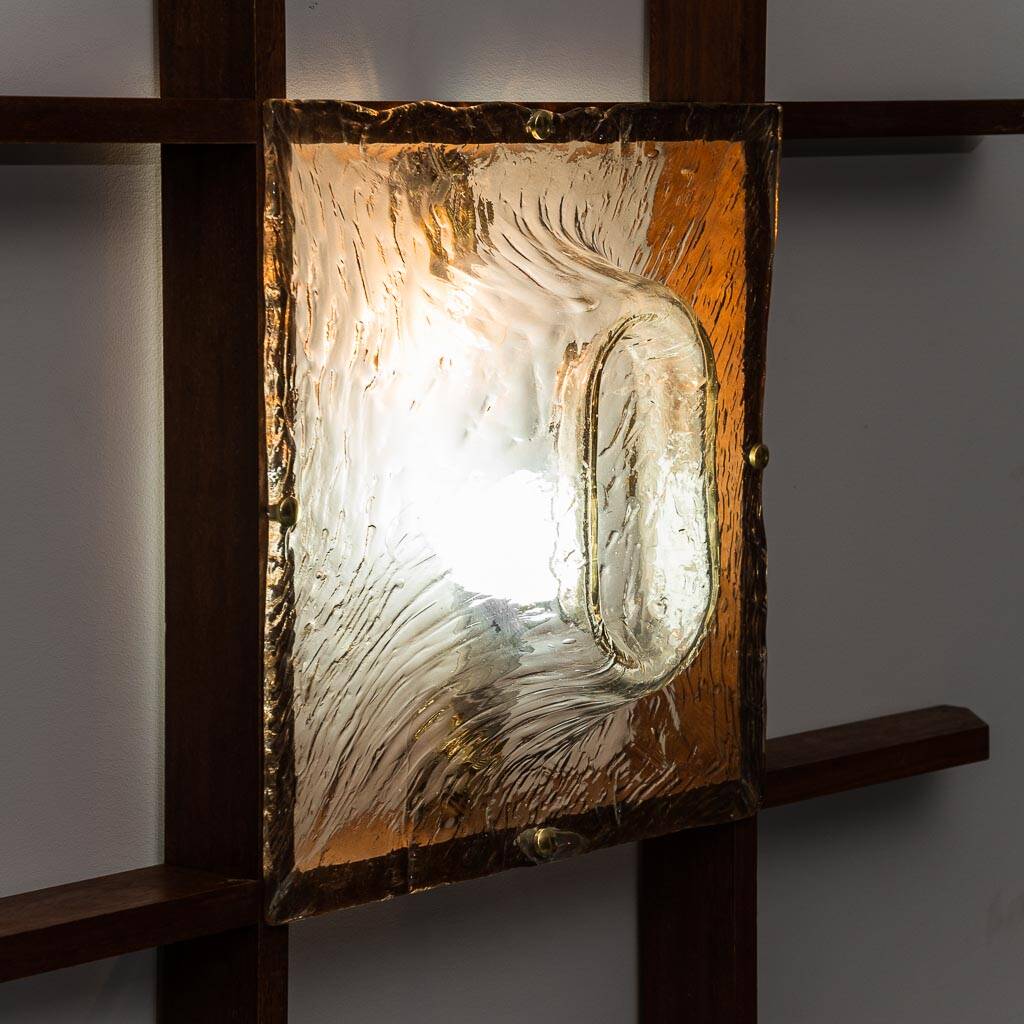 2-light wall lamp with teak grid frame mazzega 1960s vintage modern antique