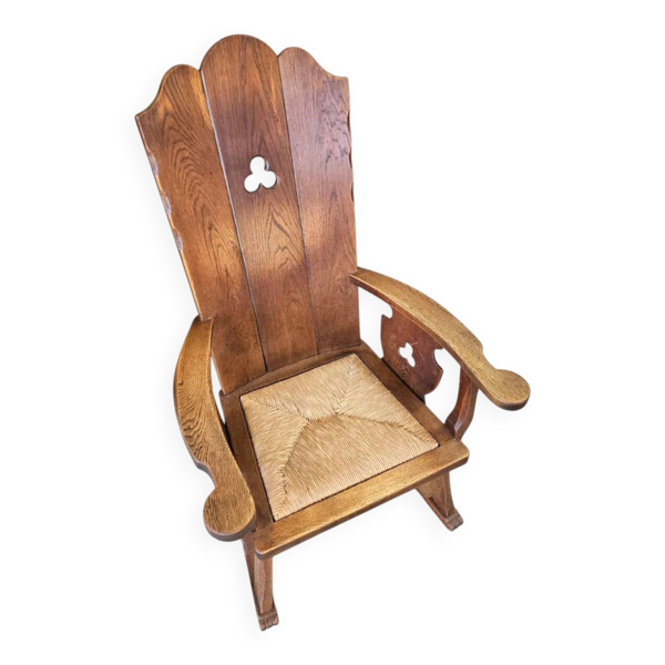 Fauteuil à dossier haut / monastère / siège en jonc des années 1950
