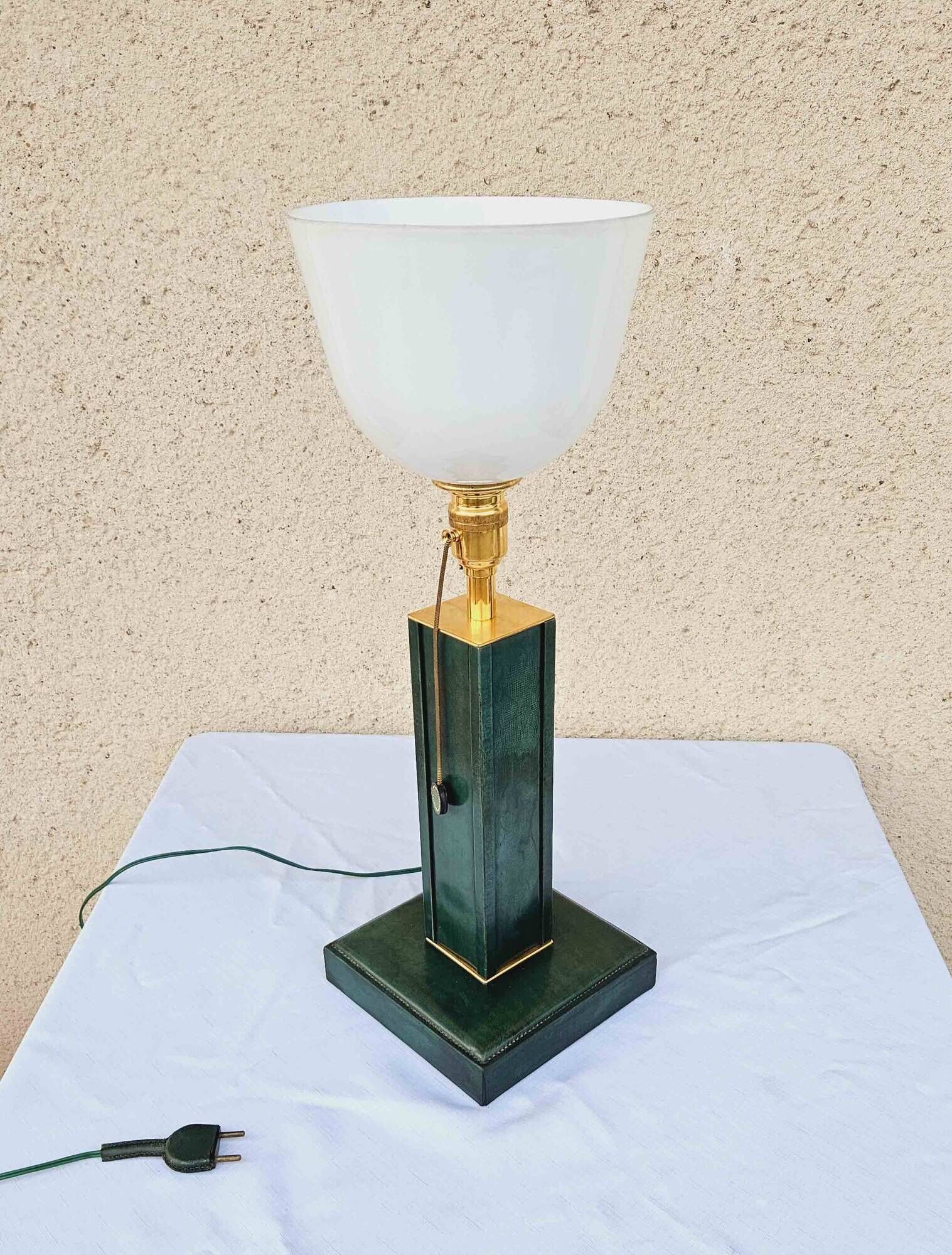 1940 Lamp Leather & Golden Brass Maison Chalmette in Paris Ht 55 cm