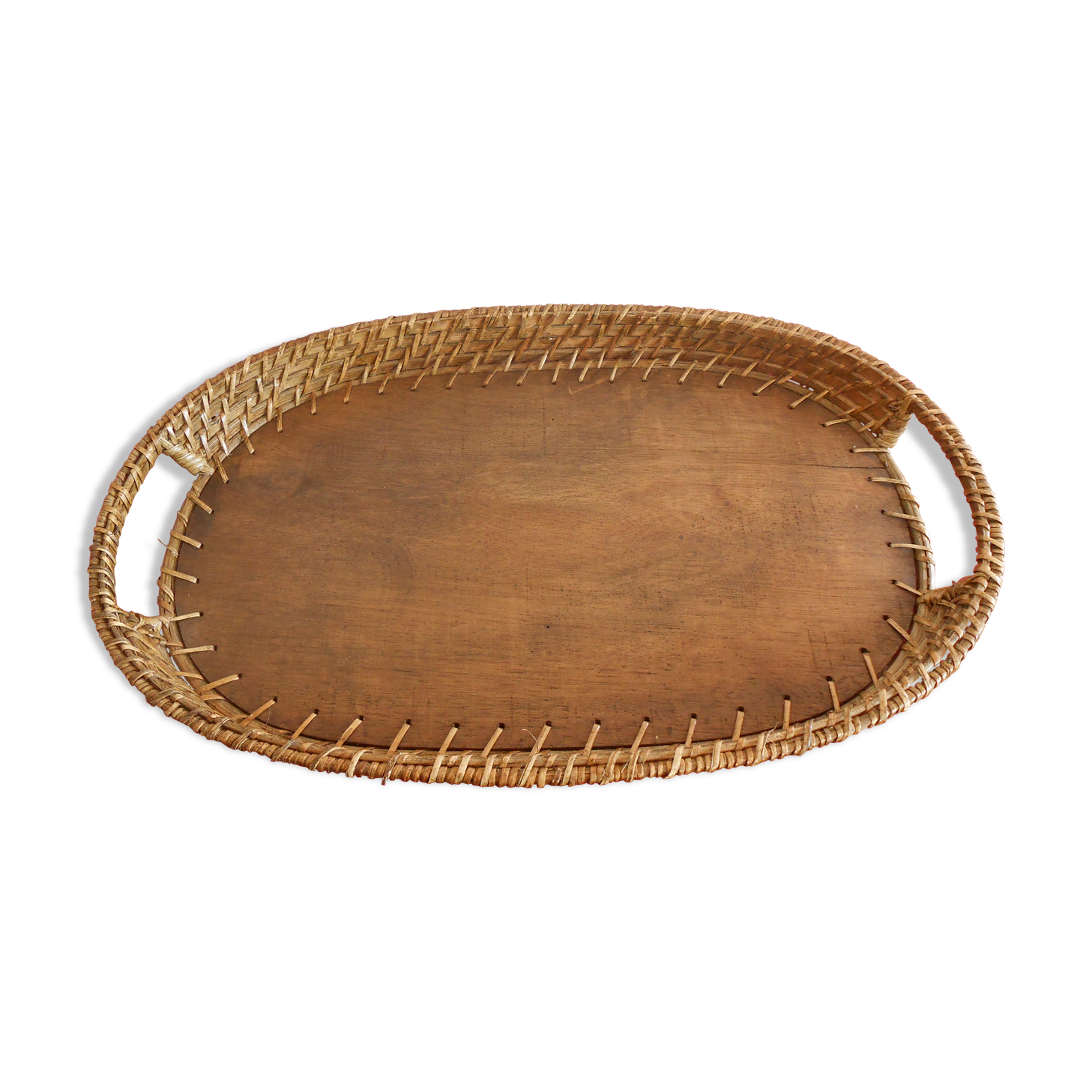 Plateau en bois et rotin