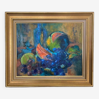 Oil on canvas by Le Boterff still life with fruit and bottle