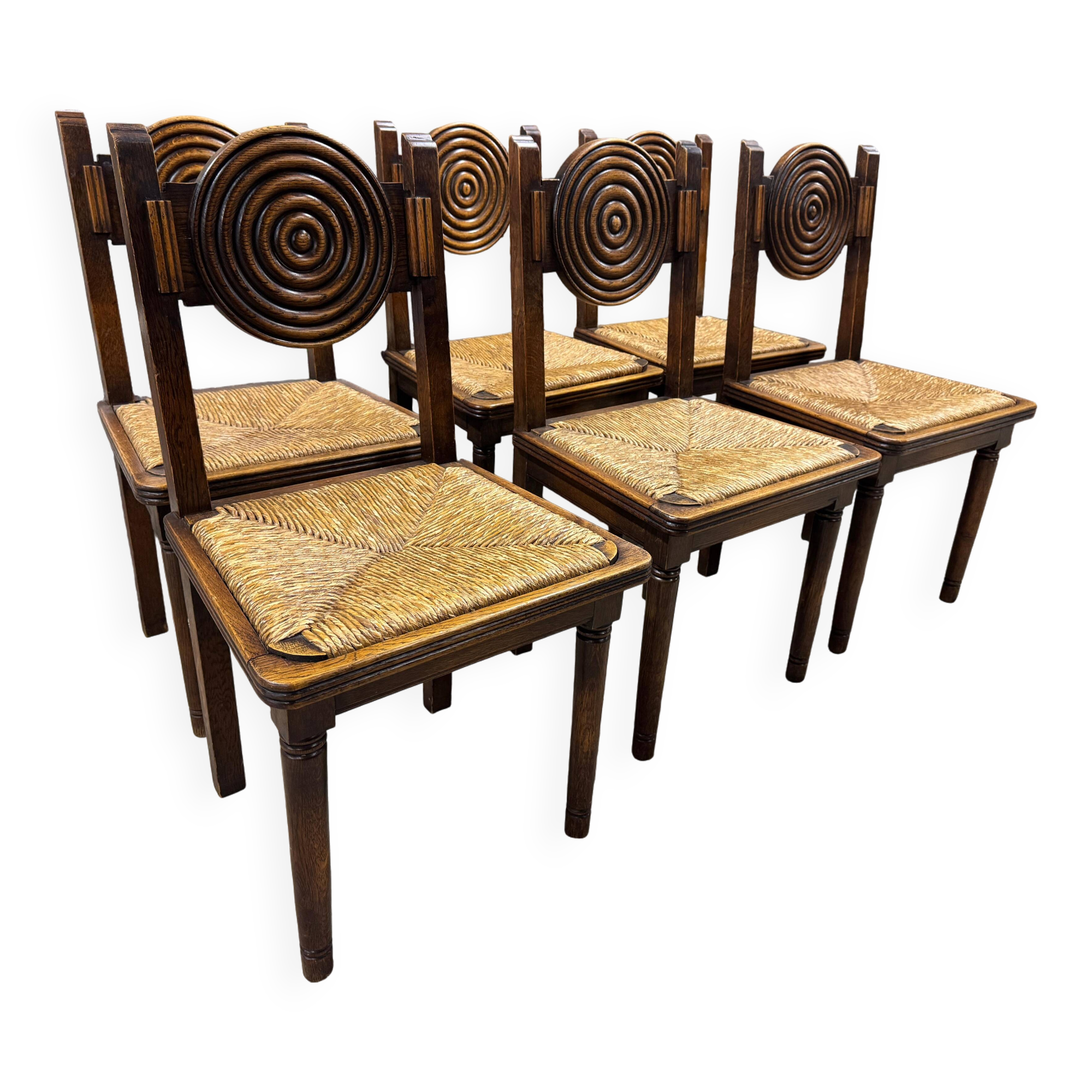 Oak chairs with straw seats in the spirit of charles douduyt