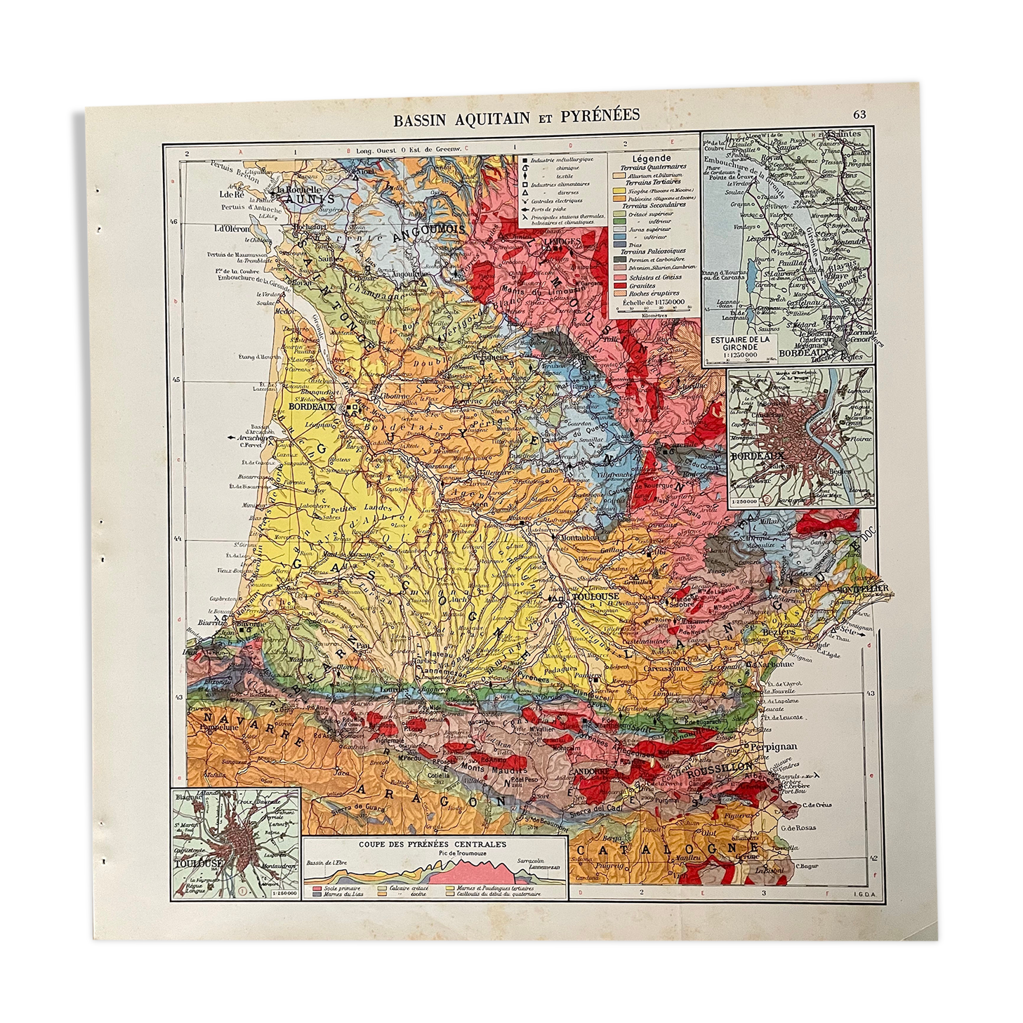 Old map of the Nouvelle-Aquitaine and Pyrenees region from 1945