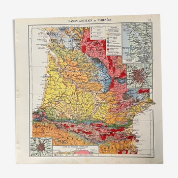 Ancienne carte de la région Nouvelle-Aquitaine et Pyrénées de 1945