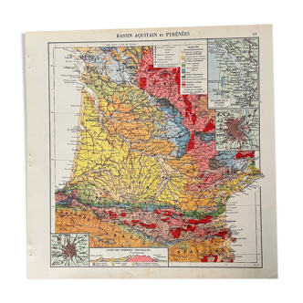 Ancienne carte de la région Nouvelle-Aquitaine et Pyrénées de 1945