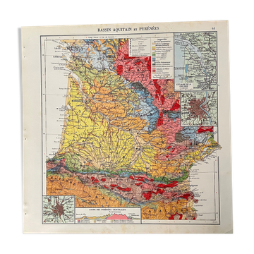 Old map of the Nouvelle-Aquitaine and Pyrenees region from 1945