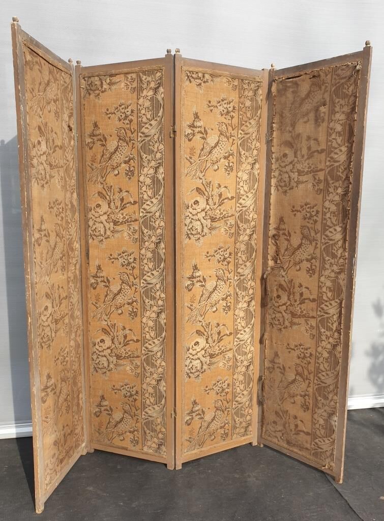 Screen 4 fronts of Indian wood and fabrics and silk at the end of the 19th century