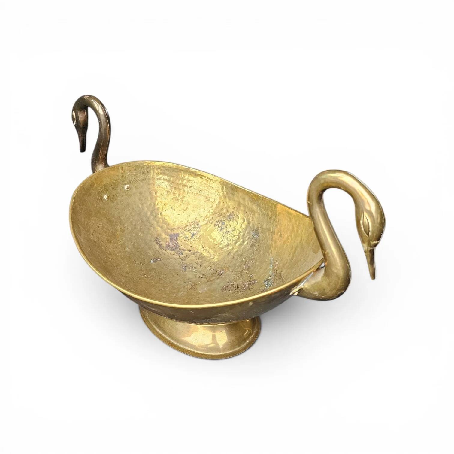 Oval beaten brass dish with swan handles
