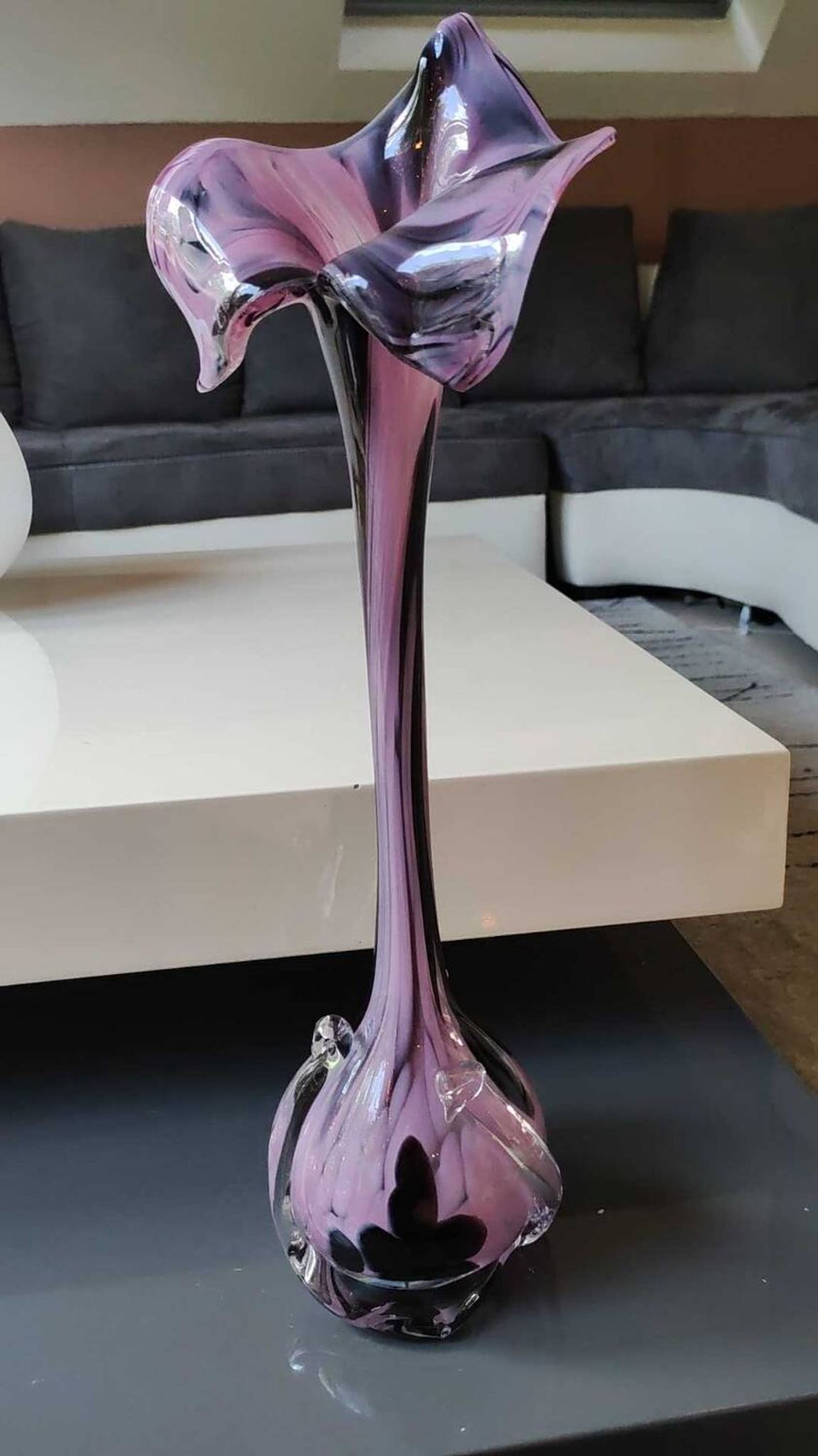 Elegant Large vase, Murano/Italy. Floral/Calla shape collar. Decorated with scrolls/lilac/plum waves. High 43 cm